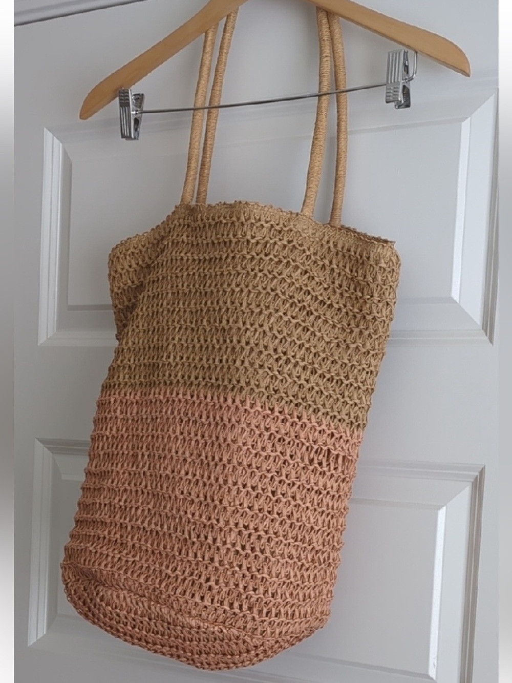 Two-Tone Crochet Tote Bag in Natural & Blush